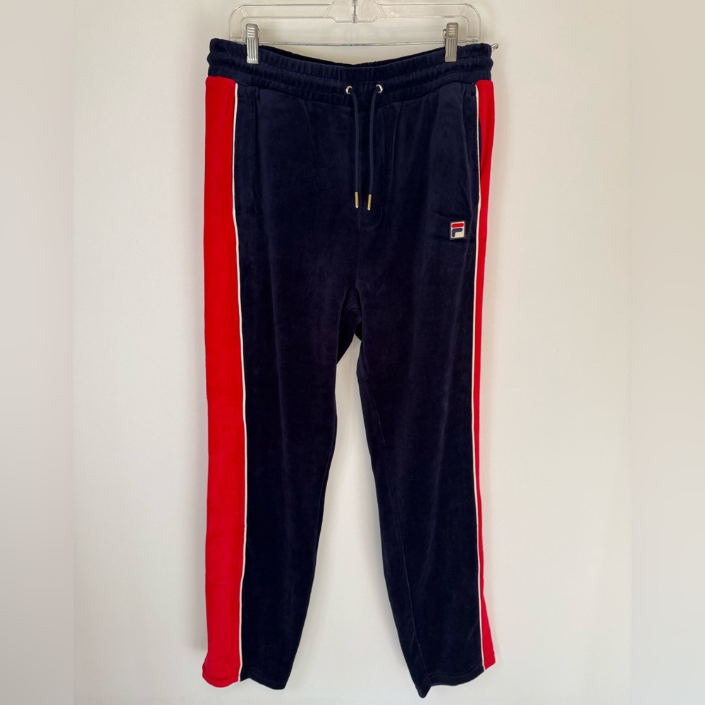 Fila Navy Blue Red Velvet Velour Track Pants Large
